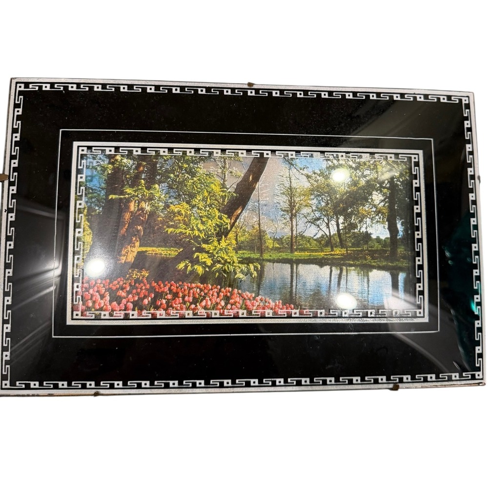 Vtg 40s ‎ Landscape Picture Art Print Tulips Lake Trees Black Frame Greek Border